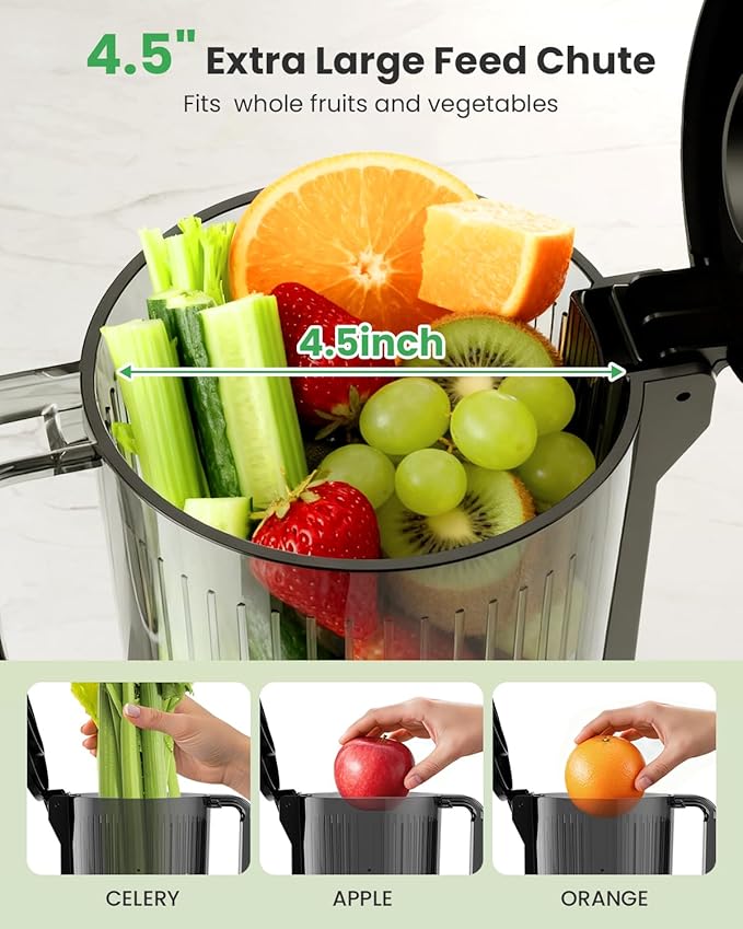 Kismile Cold Press Juicer Machine with 5 Modes, ABS Housing & HD Display, 4.5" Wide Feed Chute Slow Juicer for Fruits & Vegetables, Quiet Masticating Juicer Press, Easy to Clean, High Juice Yield