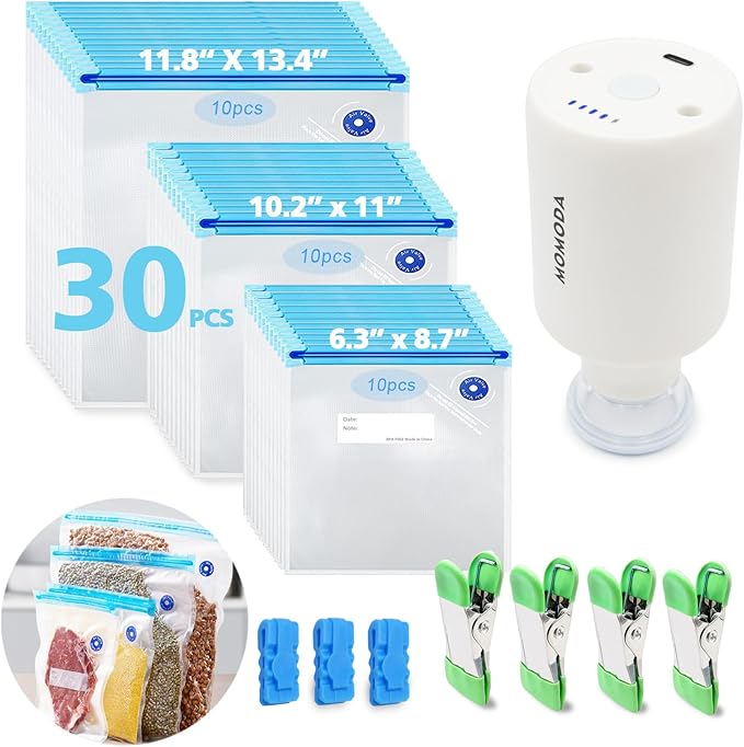 MOMODA Sous Vide Cooking Bags Bundle – 70 Reusable Vacuum Sealer Bags in 5 Sizes with Manual and Automatic Pumps, Plus Cooking Clips and Zipper Clips for Efficient Sous Vide Cooking and Food Storage