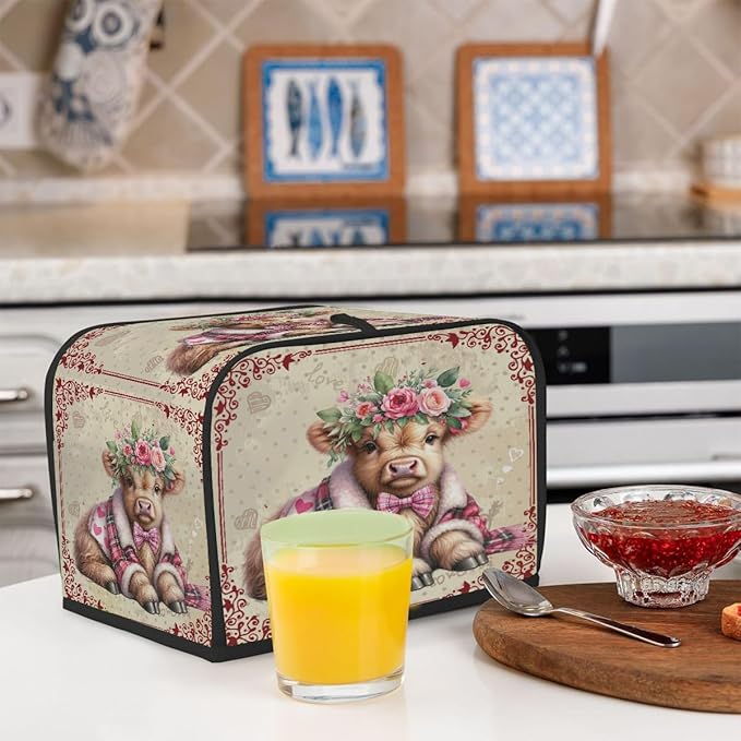 Valentine Day Highland Cow Toaster Cover 2 Slice Dust and Fingerprint Protection Toaster Bread Maker Covers Washable Kitchen Small Appliance Covers for Kitchen Accessories Decor Bakeware Women Gift