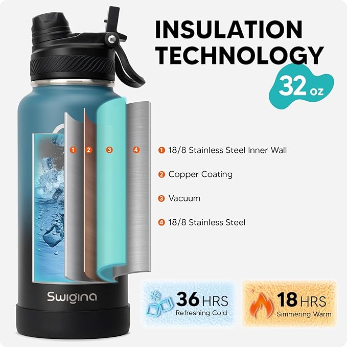 Swigina [2-IN-1 LID] Insulated Water Bottle with Silicone Boot (36hrs Cold/18hrs Hot) - DIY Stickers, Leakproof, BPA Free, 32 oz