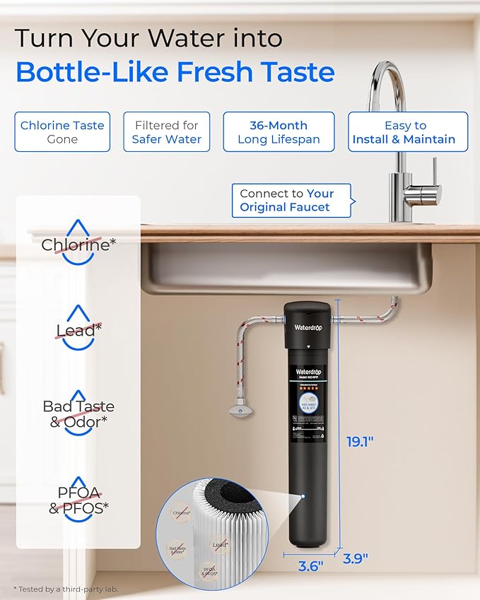 Waterdrop 17UA Under Sink Water Filter, 3 Years, Under Sink Water Filtration System, Reduces PFAS, PFOA/PFOS, Lead, Chlorine, Under Sink Water Filter, NSF/ANSI 42 Certified
