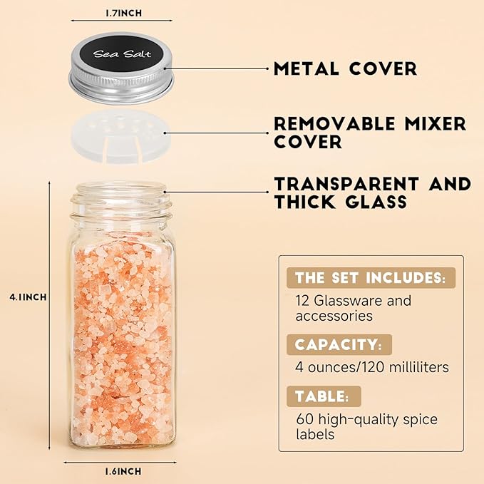 12Pcs Spice Jars with Label, 4oz Empty Square Seasoning Containers, Spice Jars with Shaker Lids, Small Spice Bottles for Salt, Herbs, Sugar, Pepper, Seasoning Jars for Spice Rack, Cabinet, or Drawer