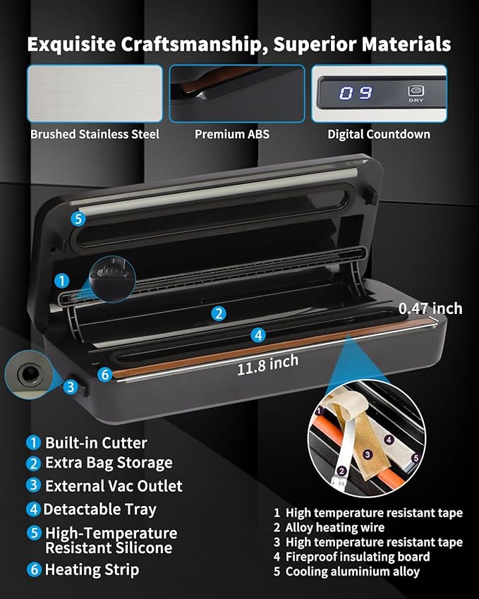 Vacuum Sealer Machine for Food, 80KPA Powerful 8-in-1 Automatic Vacuum Food Sealer with Dry & Moist Modes, Bag Storage, Cutter, Digital Countdown, 20 Pre-Cut Bags & External Air Suction Hose