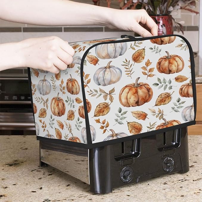 2 Slice Toaster Cover,Thanksgiving Watercolor Pumpkin Art Small Kitchen Appliance Bread Machine Cover with Pockets,Dust & Fingerprint Protection