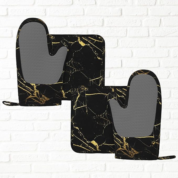 Marble Gold Black Oven Mitts and Pot Holders Sets of 4, Heat Resistant Silicone Oven Mittens and Potholders Gloves Hot Pads for Kitchen Cooking Baking Grilling BBQ Chef
