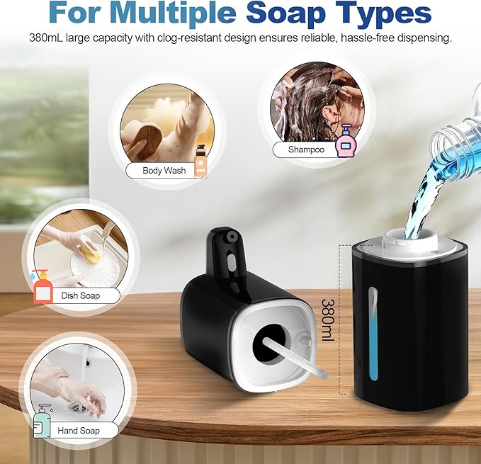 Automatic Liquid Soap Dispenser for Hand Soap & Dish Soap, 9-Level Adjustable Touchless Dispenser with LCD Display, Rechargeable 380mL, Wall Mount or Countertop Use for Kitchen Bathroom