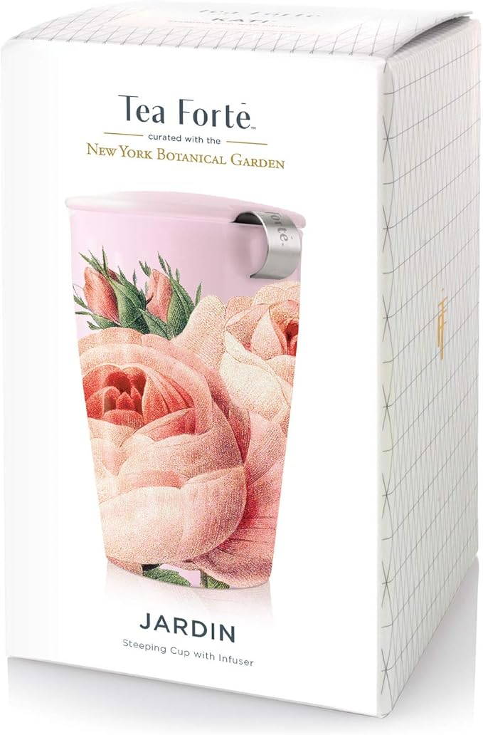 Tea Forte Double-Walled Ceramic Kati Cup, Removable Stainless Steel Infuser Basket and Lid, Steeps 12 oz Loose Leaf Tea, Dishwasher & Microwave Safe, Gifts for Mom, Jardin