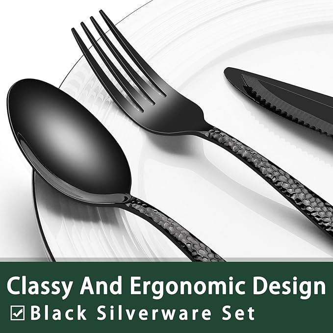 EWFEN 24-Piece Black Silverware Set with Steak Knives, Black Flatware Set for 4, Food-Grade Stainless Steel Tableware Cutlery Set, Mirror Finished Utensil Sets for Home Restaurant, Wave Hammered