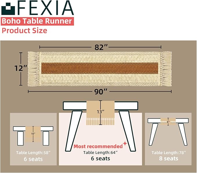 Fexia Table Runner 90 Inch Thanksgiving Decor with Tassels for Boho Macrame Farmhouse Style, Party Wedding Bridal Shower Decor, Brown (12x90 Inches)