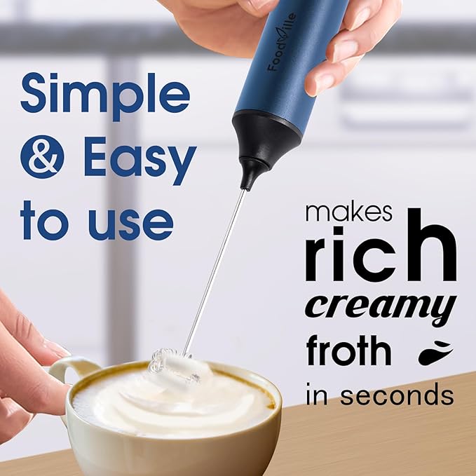FoodVille MF05 Rechargeable Milk Frother USB Charging Handheld Foam Maker with Stainless Balloon Whisk for Cappuccino, Latte, Bulletproof Coffee, Keto Diet, Protein Powder, Matcha (Navy Blue)