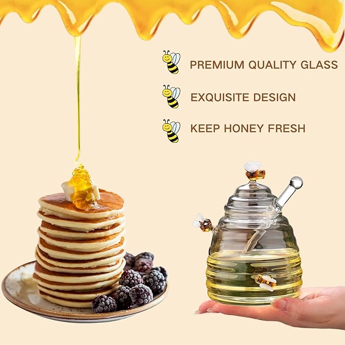 glass honey jar with dipper,beehive shaped honey pot,honey container with dipper large,17 oz