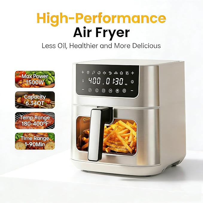 HealSmart 6.34 Qt Air Fryer with Window, 8-in-1 Digital AirFryer Oven, 1700W, Nonstick Dishwasher-Safe Basket, Air Fry, Roast, Dehydrate, 90-Min Timer, Stainless Steel, White
