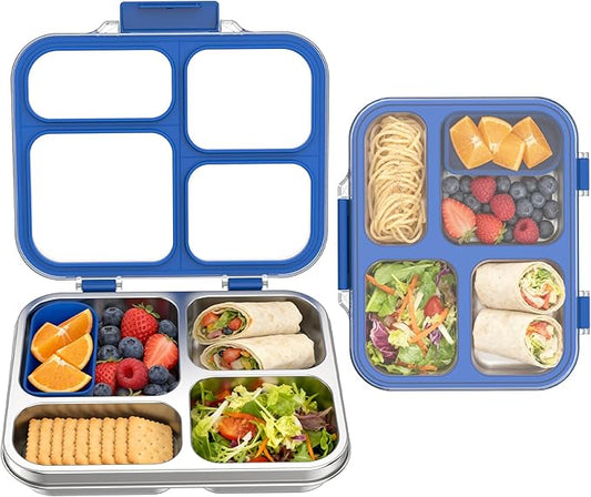 Stainless Steel Bento Box for Kids with Silicone Container, 4 Compartment Metal Lunch Box Kids Adults, Removable Silicone Seal & Clear Lid, Leak Proof Food Storage Container for Meal(Blue)