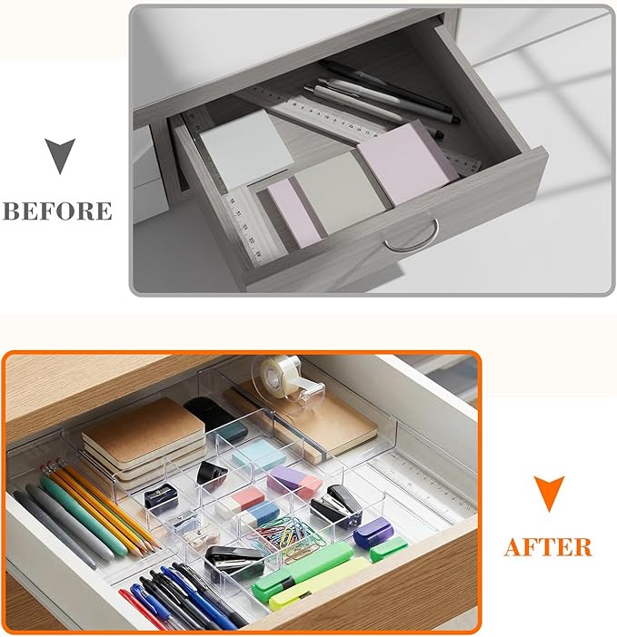 Briwooody 2 Pcs Large Expandable Acrylic Drawer Organizers, Grid Adjustable Drawer, Dividers Organizer for Desk, Makeup, Jewelry, Office, Kitchen Supplies (Clear,15 Compartments)