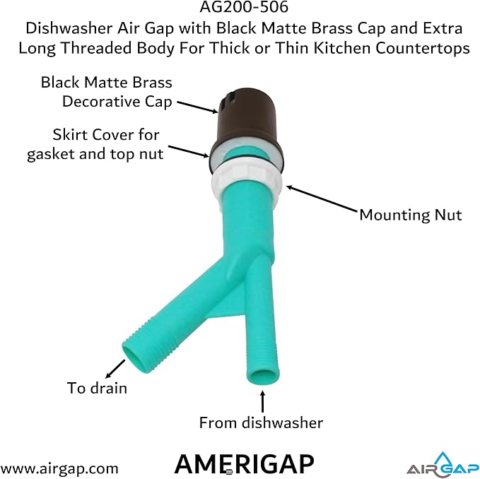 Dishwasher Air Gap with Skirted Black Matte Brass Cap and Extra Long Threaded Body for Thick or Thin Kitchen Countertops (AG200-506, AG200-X06, AMERIGAP)