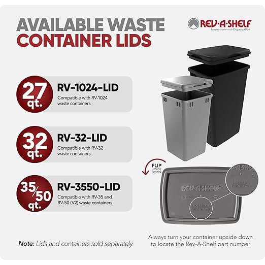 Rev-A-Shelf 35 Quart Kitchen Sink Garbage Can for Base Kitchen and Bathroom Cabinet, Replacement Plastic Trash Bin for Laundry Rooms, White, RV-35-52