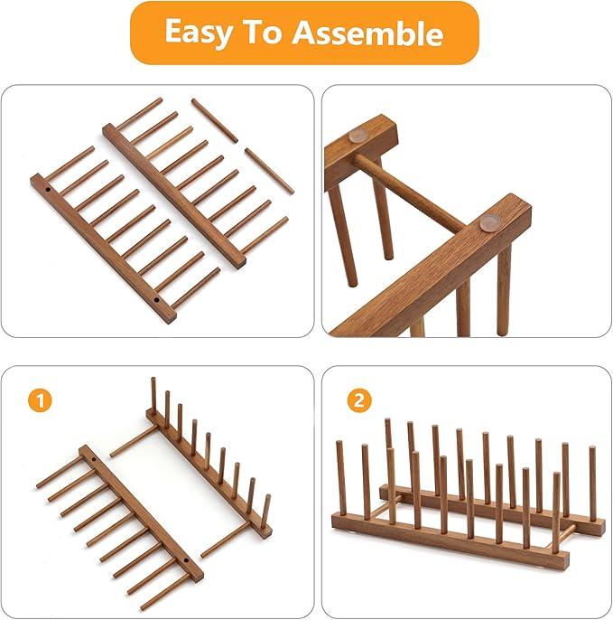HBlife 2pcs Acacia Wooden Dish Dying Rack Pot Lid Plate Organizer Holder for Cabinet, Cutting Board Stand Drainer Storage Plate Rack for Dish, Pot Lid, Bowl, Cup, Cutting Board and Books