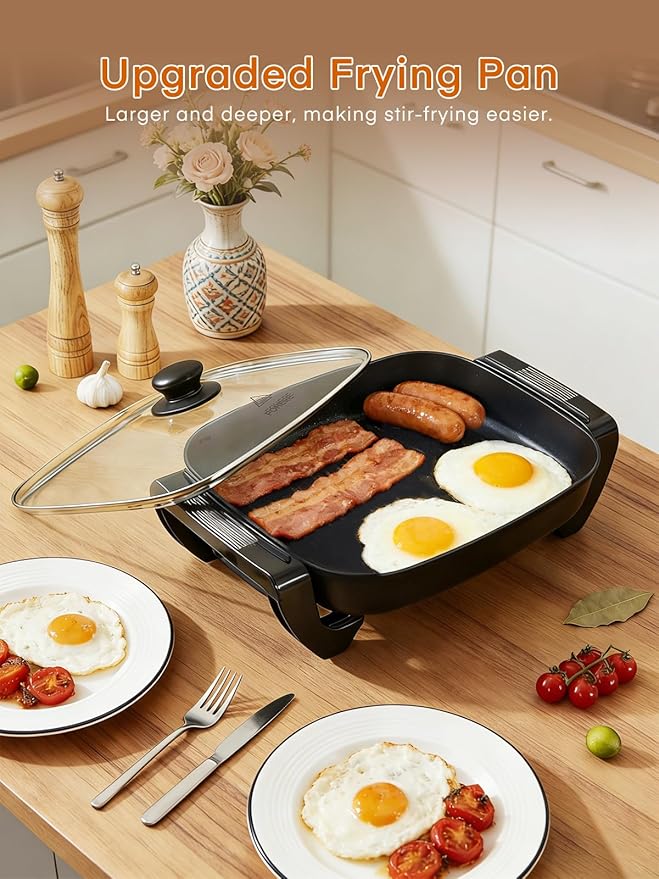 FOHERE 16-Inch Electric Skillet with Glass Cover, 1500W Rapid Heat, Adjustable Temperature, Multi-Purpose Electric Skillet Fried Chicken, Perfect For Family Gathering Cooking