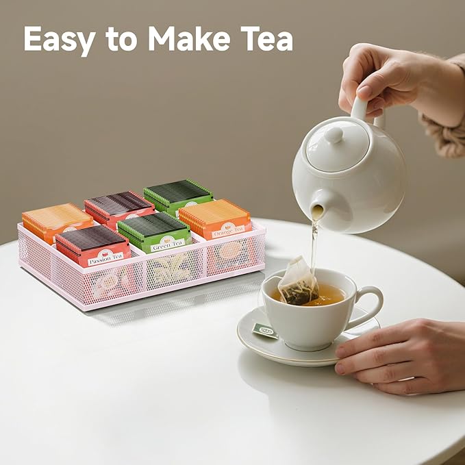 Tea Bag Organizer 6 Grids. Mesh Tea Bag Holder with Handle, Teabag Holder, Tea Station Organizer for Countertop, Pantry, Kitchen, Cabinet - Pink