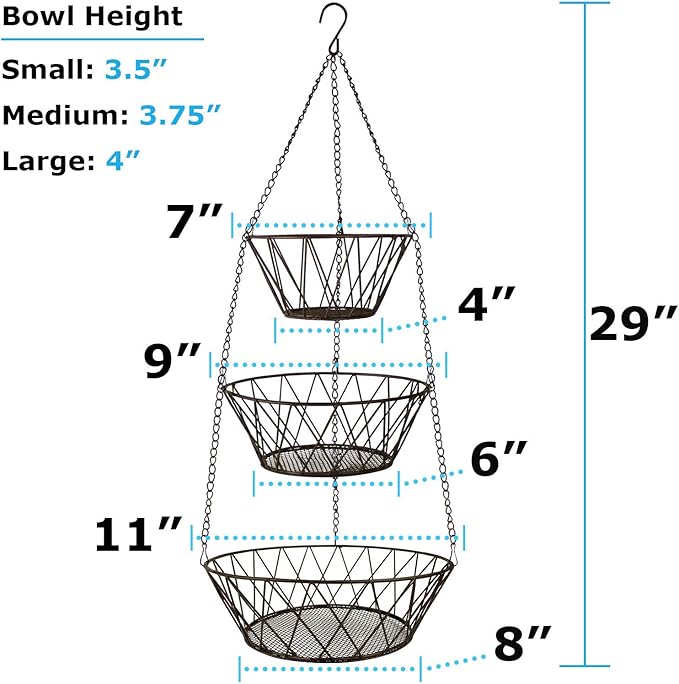 Heavy Duty - 3 Tier Hanging Kitchen Bronze Fruit Basket