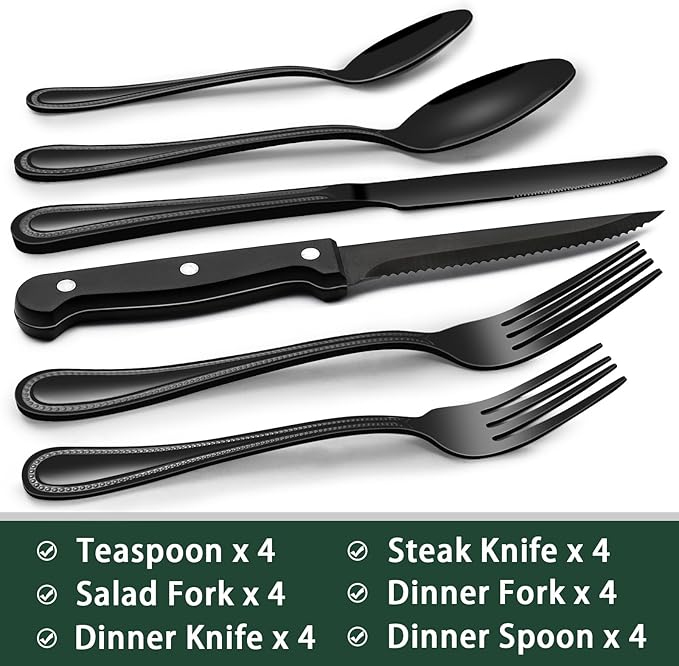 EWFEN 24-Piece Black Silverware Set with Steak Knives, Black Flatware Set for 4, Food-Grade Stainless Steel Tableware Cutlery Set, Mirror Finished Utensil Sets for Home Restaurant, Pearled Edge