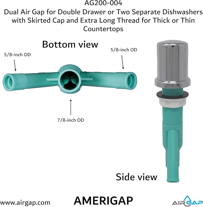 Dual Air Gap for Double Drawer or Two Separate Dishwashers with Skirted Cap and Extra Long Thread for Thick or Thin Countertops (AG200-004, AG200-001, T52, AMERIGAP)