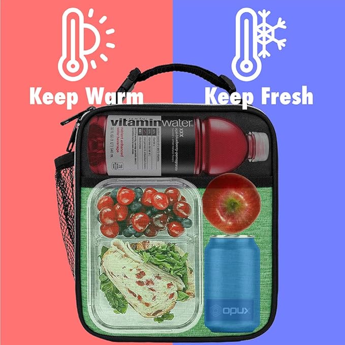 opux Premium Insulated Lunch Box, Soft School Lunch Bag for Kids Boys Girls, Leakproof Small Lunch Pail Men Women Work, Reusable Compact Cooler Tote Lunchbox for Office Adult, Heather Green