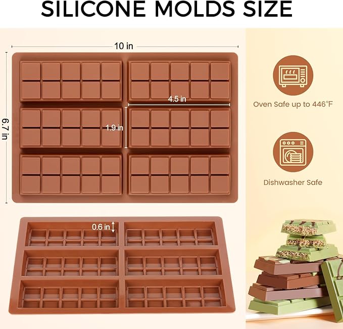Chocolate Bar Mold - Non-Stick Silicone Chocolate Molds, Food Grade Dubai Deep Chocolate Bar Mold for Milk Pistachio - Set of 2