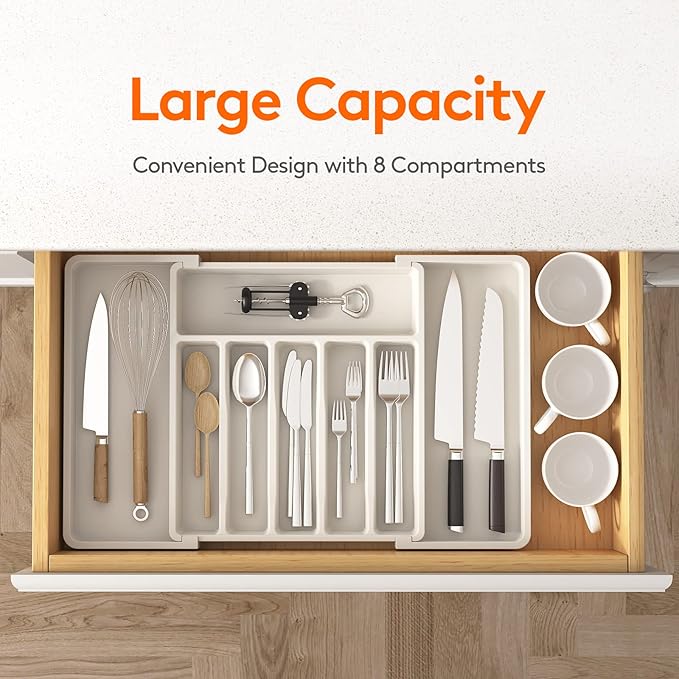 Lifewit Silverware Drawer Organizer, Expandable Cooking Utensil Tray, Adjustable Plastic Storage for Spoons Forks Knives, Large