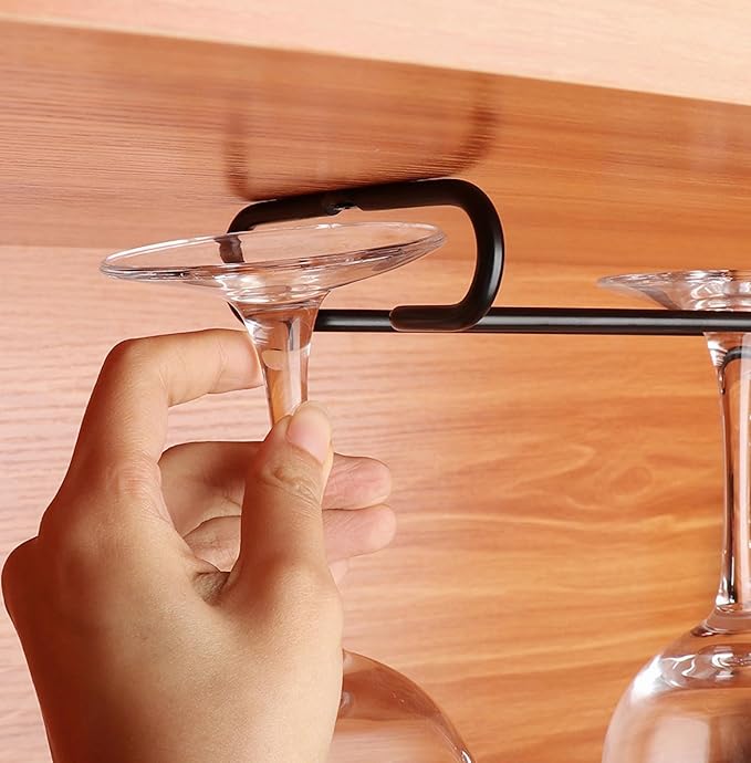 GeLive 7 Inch Wine Glass Holder Under Cabinet Stemware Rack Little Glass Hanger Storage Organizer for Short Space Kitchen and Bar Set of 4 (Black)