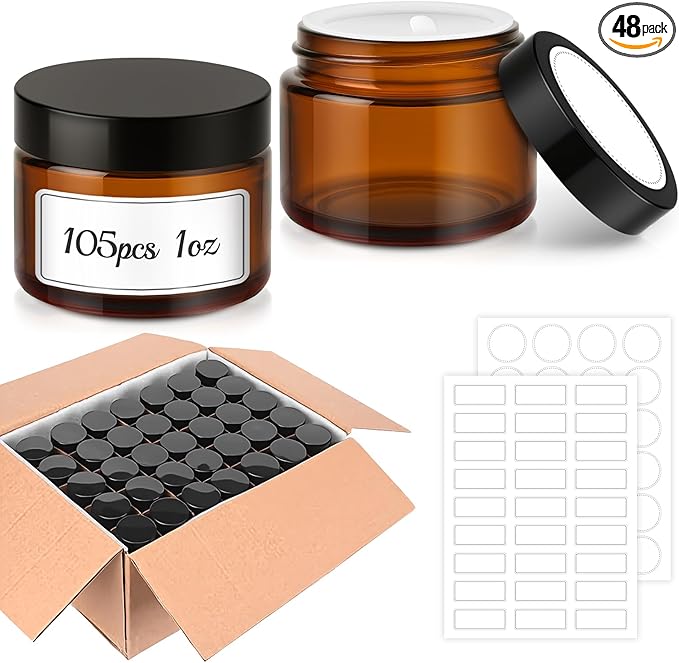 Bumobum 1 oz Amber Glass Jars with Lids, 105 pack Clear Small Jars with Black Lids, White Labels and Inner Liners, Empty Round Cosmetic Containers for Cream, Lotion (Amber 105 Pack)