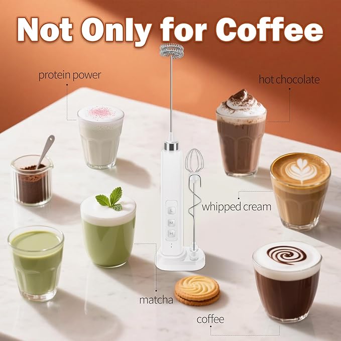 Rechargeable Milk Frother Handheld with 3 Detachable Stainless Whisks, 3 Speed Adjustable Drink Mixer, Mini Frother Wand for Coffee, Matcha, Protein Shakes, with Charging Base and Whisk Storage