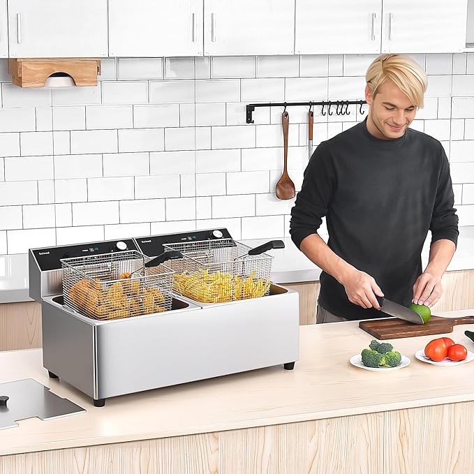 Commercial Deep Fryer with Basket, 3400w Dual 14Qt Oil Tank 0.6mm Thickened Stainless Steel Countertop Electric Fryer for Home and Commercial Use, Oil Fryer with Double Overheat Protection