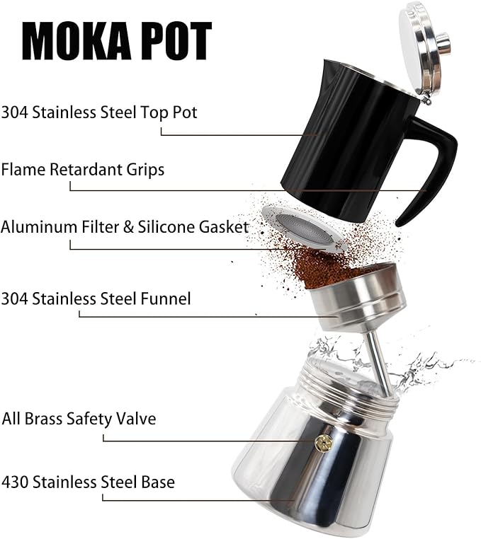 6 Cup Thickened 304 Stainless Steel Moka Pot Stovetop Espresso Maker Cafeteras Italian Percolator Espress Makers Capable Greca Mocha Coffee Machine for Induction Home and Camping 300ml 10oz
