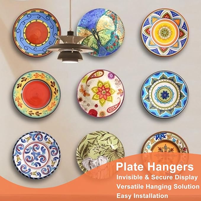 Plate Hangers for The Wall - Stainless Steel Invisible Heavy Duty Wire Plate Holder for 6-8 Inch Decorative Plates, Art Plates & Ceramic Plates with Wall Hooks