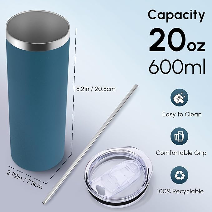 Volhoply 8 Pack Skinny Tumblers with Lid and Straw, 20oz Stainless Steel Straight Tumbler Bulk, Vacuum Insulated Coffee Mug for Home, Office, Travel, DIY (Dark Green,8 Pack)