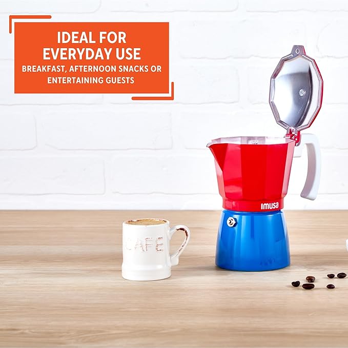 IMUSA Stovetop Espresso Maker 6 Cup – Cast Aluminum Moka Pot Caribbean Colors Edition Red Blue White – Cafetera Italiana Espresso Cuban Coffee Maker