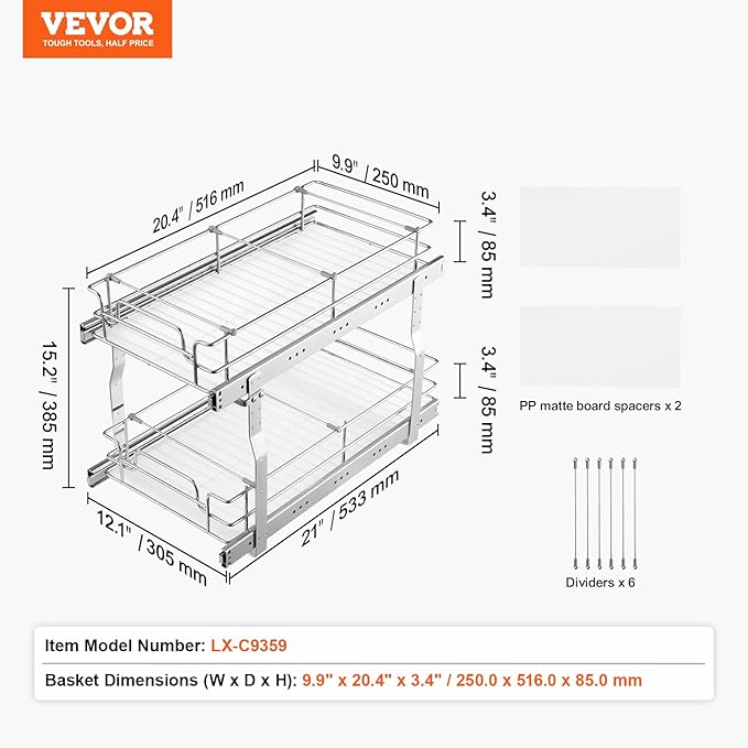 VEVOR Pull Out Cabinet Organizer, 12"W x 21"Dx15.2"H Heavy Duty Slide Out Pantry Shelves, Chrome-Plated Steel Roll Out Drawers for Home,13.5"Wx22"Dx19"H Inside Kitchen Cabinet, Bathroom, Under Sink