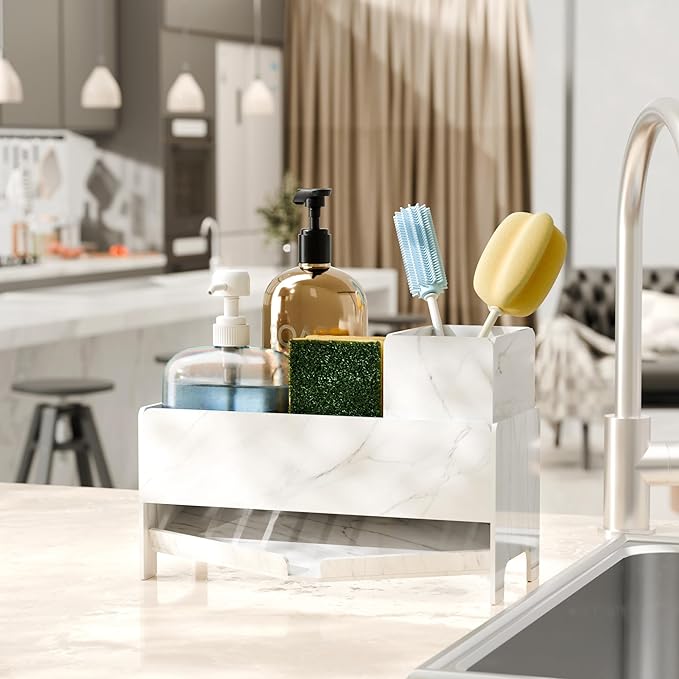 Sponge Holder for Kitchen Sink, Acrylic Sink Caddy Organizer with Removable Brush Holder, Countertop Soap Dispenser Organizer with Marble Texture, Kitchen Organizers Storage, White
