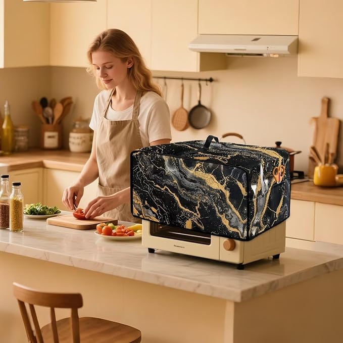 Air Fryer Toaster Oven Dust Cover Dustproof Modern Design Convection Oven Cover with Side Pockets for Small Kitchen Appliances, L, 18.5 x 22.5 x 13 inches, Black Gold Marble