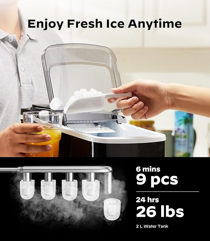 Silonn Smart Countertop Ice Maker - 9 Bullet Cubes in 6 Mins, 26 lbs per Day, Compact Wi-Fi Ice Maker Machine, 2 Ice Cube Sizes, Portable Ice Maker with Self-Cleaning for Kitchen/Office/RV