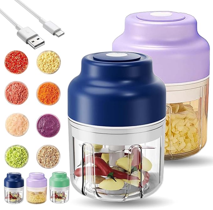 Household Electric Garlic Crusher, Electric Garlic Chopper, Mini Portable Veggie Chopper with 4/6 Stainless Steel Blades, Wireless Rechargeable Food Cutter for Garlic, Onion, Chili (2PCS-C,320ML)