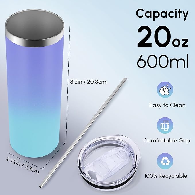 Volhoply 20 oz Skinny Tumbler with Lid and Straw, Stainless Steel Straight Tumblers Cup, Vacuum Insulated Coffee Mug for Home, Office, Travel, DIY (Purple Bule,1 Pack)
