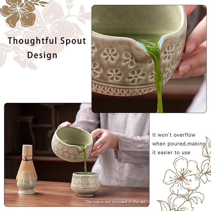 Buucup Matcha Whisk Set, Ceramic Matcha Kit Set Includes Matcha Bowl, Matcha Whisk and Holder, Bamboo Scoop, Scoop Rest, Sifter and Tea Towel - 7 Pcs Matcha Kit for Matcha Lovers (Mottled Green)