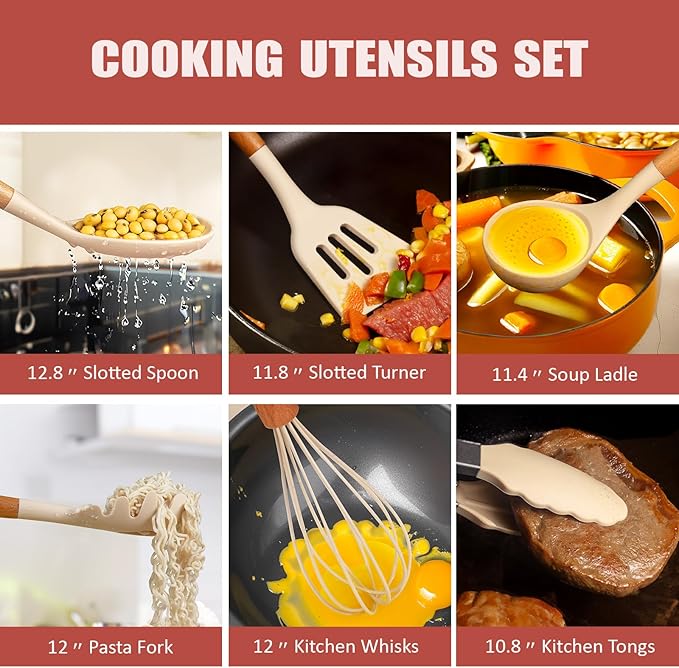 RAXCO Cooking Utensils Set,12-Piece Kitchen Utensils and Accessories,6-Piece Knife set,utensilios de cocina,Khiki