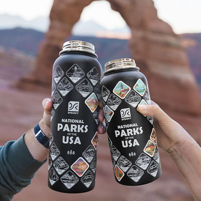 DYSANKY National Parks Water Bottle – 40 oz Insulated Stainless Steel Bottle with 63 Hand-Drawn Park Stickers, Carrier Bag, Strap & Gift Box – BPA-Free – Ideal for Hiking, Camping & Travel