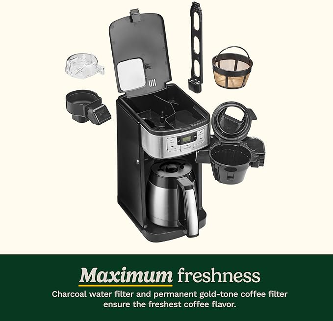 Cuisinart Automatic Grind & Brew 10-Cup Coffee Maker with Blade Grinder, Programmable Coffee Machine Glass Carafe with 1-4 Cup Setting, Brew Pause, Grind-Off Option, DGB-450NAS, Black/Stainless Steel