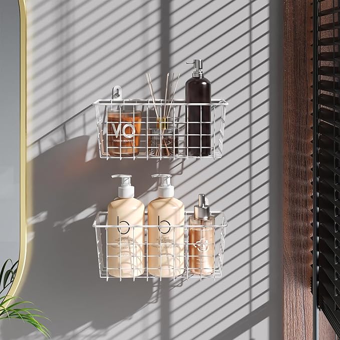 MaraFansie Hanging Kitchen Baskets Wire Storage Basket Adhesive and Screws Basket Over the Cabinet Door Organizer with Adhesive Strips and Screws Accessories, 2 Installations, 2 Pack, White
