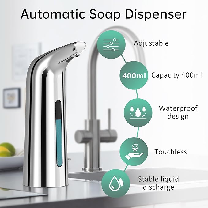 Automatic Soap Dispenser Touchless,400ML Hand & Dish Countertop Electric Liquid Rechargeable Dispenser with Sensor,Modern 4 Gear Adjustable Waterproof Kitchen Auto Soap Pump（Silver）
