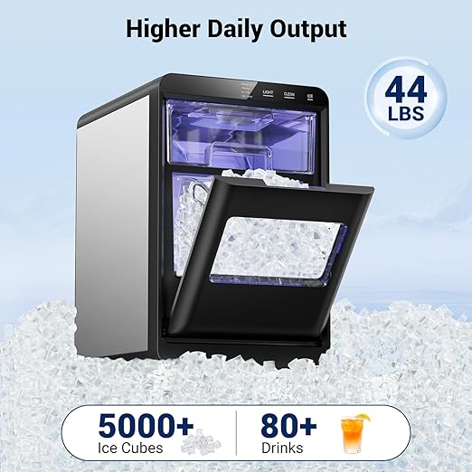Nugget Ice Makers, 44lbs/24h Nugget Ice Maker Chewable Ice Ready in 5-10Mins, Self-Cleaning Stainless Steel Countertop Ice Maker for Home, Kitchen, Office, Party